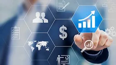 Finger touching blue hexagonal icon on a screen, displaying an upward-trending bar chart. Surrounding icons: dollar sign, world map, people silhouettes.