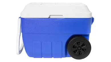 Blue wheeled cooler with white lid and handle.