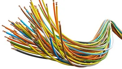 Curved bundle of multicolored electrical wires with exposed copper ends on a white background.
