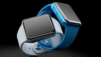 Two smartwatches with intertwined bands—one light blue, one bright blue—on a black background.
