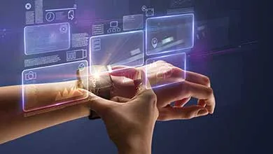 Hands using a smartwatch that projects a holographic display with glowing icons and data charts.
