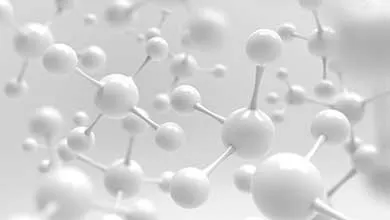 Close-up 3D rendering of white molecular structures on a light background.