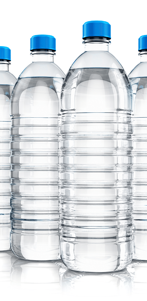 3D render illustration of the group of five plastic bottles with clear purified drink carbonated water isolated on white background with reflection effect