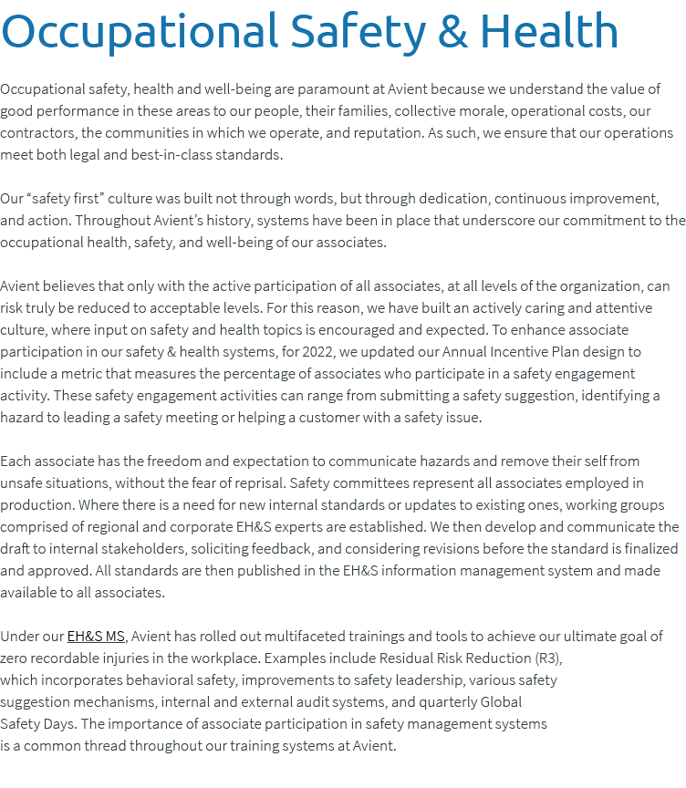 Occupational Safety & Health Occupational safety, health and well being are paramount at Avient because we understand...